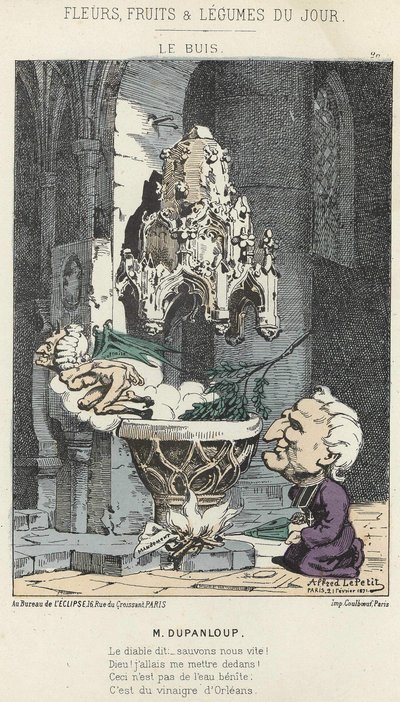 Le Boxis: caricatura sobre Dupanloup - ilustración del 21/02/1871 en “Flores, Frutas y Verduras del Día” de Alfred Le Petit