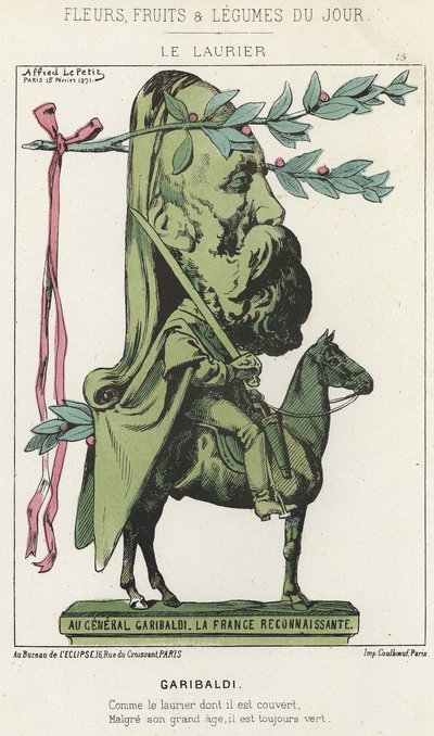 El Laurel: caricatura sobre Garibaldi - ilustración de 15/02/1871 en “Flores, Frutas y Verduras del Día” de Alfred Le Petit