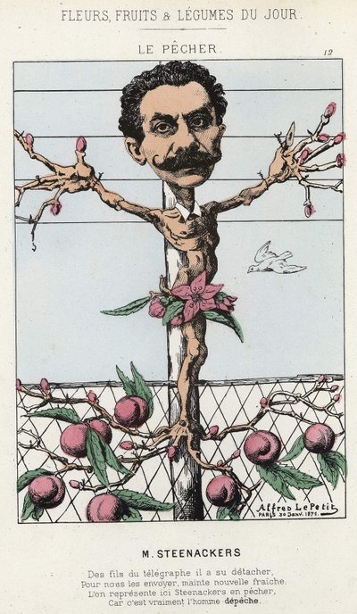El Melocotonero: caricatura sobre Steenackers - ilustración de 30/01/1871 en “Flores, Frutas y Verduras del Día” de Alfred Le Petit