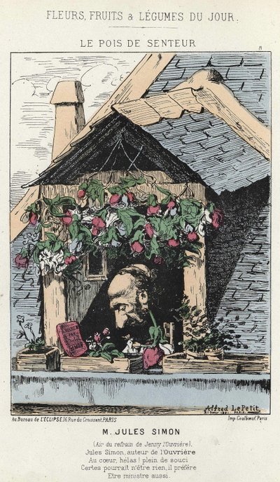 Le Peas de Fragreur: caricatura sobre Jules Simon (1814 - 1896) - ilustración del 12/01/187 en “Flores, Frutas y Verduras del Día” de Alfred Le Petit
