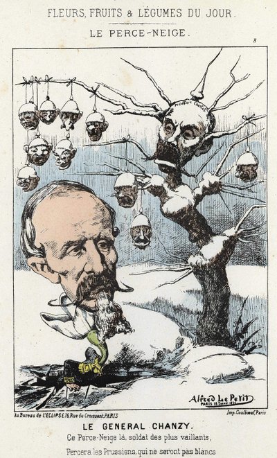 Le Perce-Neige: caricatura sobre el General Antoine Alfred Eugène Chanzy (1823-1883) - ill. del 15/01/1871 en "Flores, Frutas y Verduras del Día" de Alfred Le Petit