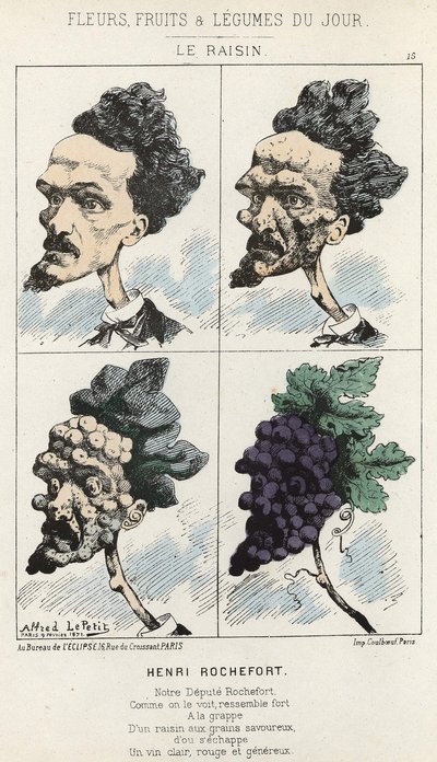 La Uva: caricatura sobre Henri Rochefort - ilustración del 09/02/1871 en “Flores, Frutas y Verduras del Día” de Alfred Le Petit