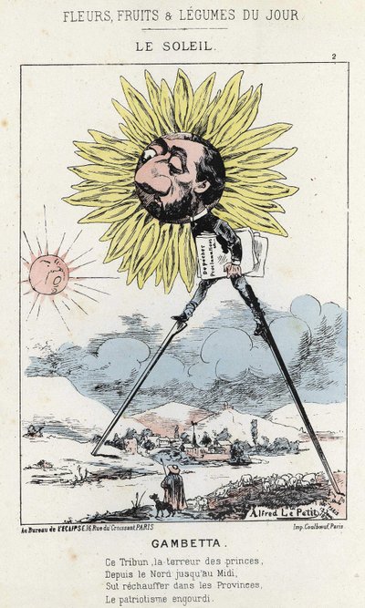 Le Soleil (girasol): caricatura sobre Gambetta (1838 - 1882) - ilustración del 12/01/1871 en “Flores, Frutas y Verduras del Día” de Alfred Le Petit