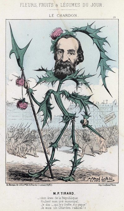 Le Cardo: caricatura sobre P. Tirard - ill. del 30/03/1871 en "Flores, Frutas y Verduras del Día" de Alfred Le Petit