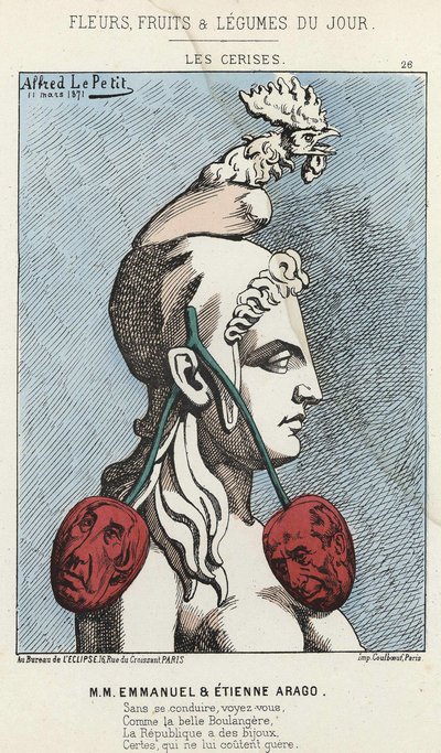 Les Cherry: caricatura sobre MM Emmanuel y Etienne Arago - ilustración del 11/03/1871 en “Flores, Frutas y Verduras del Día” de Alfred Le Petit