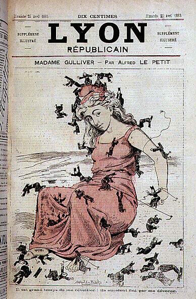 Madame Gulliver: Es hora de despertarme: me habrían comido (Marianne de pie y hombres del clero, en liliputienses, tratando de atarla) - por Alfred Le Petitty, en 