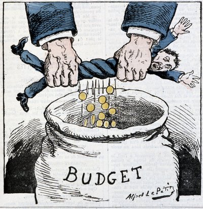 ¡Pobre contribuyente, agradece al Imperio!: caricatura sobre impuestos y el presupuesto - por A. Le Petitty, en “Le Sans-Culotte” de Alfred Le Petit