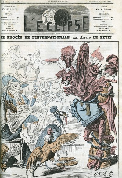 El juicio internacional por el Consejo General de Londres tras el arresto de miembros de la Asociación Internacional de Trabajadores. Portada en "L