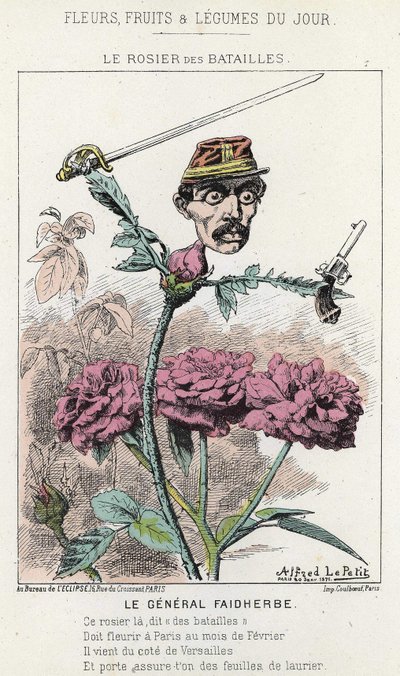 El Rosier des Battailles: caricatura sobre el General Faidherbes - ilustración del 20/01/1871 en “Flores, Frutas y Verduras del Día” de Alfred Le Petit
