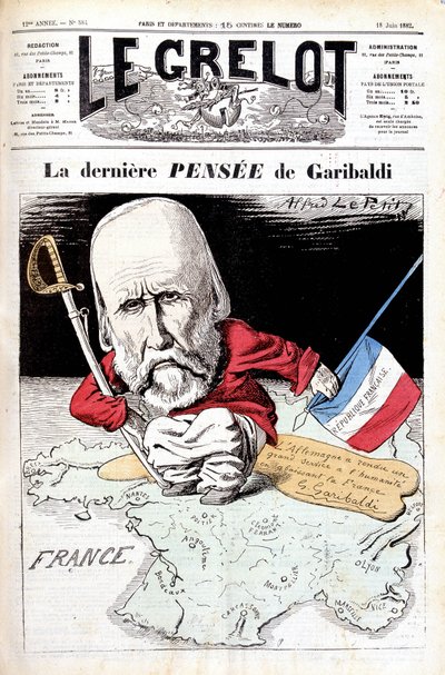 El último pensamiento de Garibaldi. Caricatura en Le bell de Alfred Le Petit