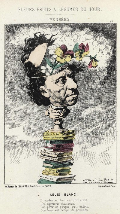 Pensamientos: Caricatura de Louis Blanc - il. del 04/02/1871 en “Flores, Frutas y Verduras del Día” de Alfred Le Petit