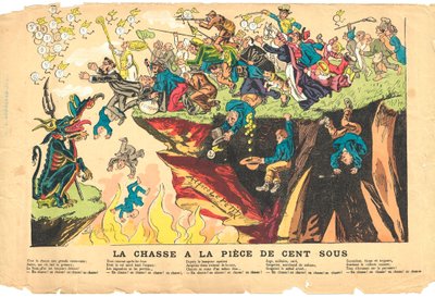 Hoja volante, satírica en colores, circa 1878: Caza de cien piezas - Plata - Diablo, ilustración por Alfred Le Petit (1841-1909) de Alfred Le Petit