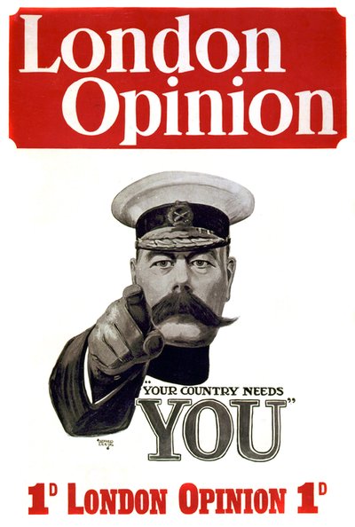 Primera Guerra Mundial: cartel para el reclutamiento de soldados británicos: Comandante Lord Horatio Herbert Kitchener de Jartum (1850-1916), soldado y estadista británico señalando a los potenciales militares “El país te necesita”. Dibujo de Alfred Leete  de Alfred Leete