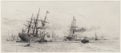 Embarcaciones en el Mersey (grabado) de Alfred Louis Brunet Debaines