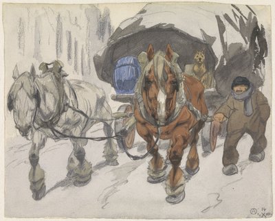 Carro agrícola con dos caballos delante de Alfred Ost