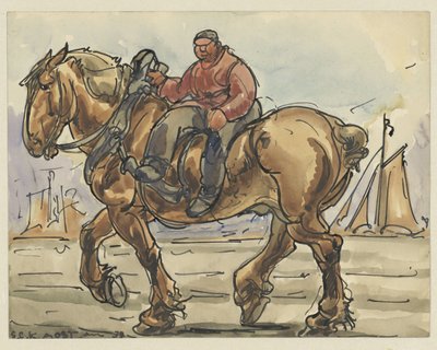 Hombre en asiento de amazona sobre un caballo de tiro de Alfred Ost