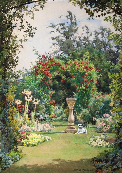 Junto al reloj de sol, principios de verano, Broadway (acuarela con bodycolour) de Alfred Parsons