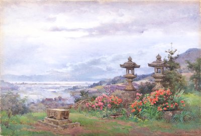 Puesta de sol sobre el lago Biwa, desde Tennenji (acuarela) de Alfred Parsons