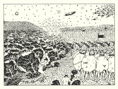 Historia verdadera de Lucian: Batalla en el aire en la llanura de las telarañas (grabado) de Alfred Payne Garnett