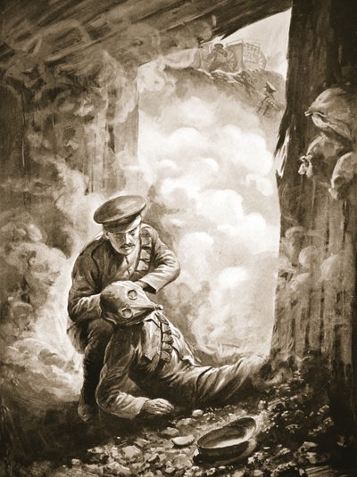 El Sargento Actuante Raynes poniéndose su casco de humo en el Sargento Ayres después de la explosión de una bomba de gas de Alfred Pearse