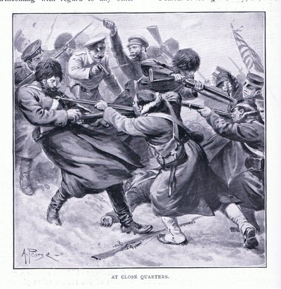 A corta distancia, ilustración de Cassells History of the Russo-Japanese War Vol 1, c.1900 de Alfred Pearse