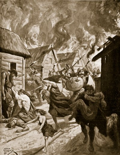 Canterbury quemada por los daneses, 851 d.C., ilustración de "Hutchinson