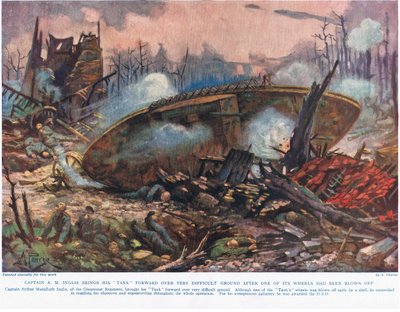 El capitán A.M. Inglis lleva su tanque hacia adelante sobre un terreno muy difícil después de que una de sus ruedas fuera volada, ilustración de 