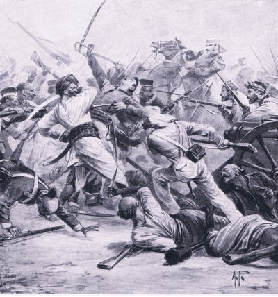 Derrota de Nicholson a los rebeldes en Najafgarh, 2 de agosto de 1857, ilustración de British Battles on Land and Sea, 1915 de Alfred Pearse