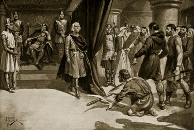 Campesinos arrojando sus arados a los pies de Enrique I, ilustración de 