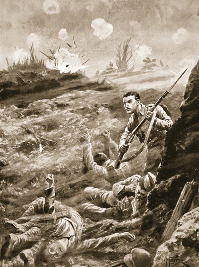 El soldado E. Warner defendiendo solo una trinchera que había sido evacuada tras un ataque con gas de Alfred Pearse