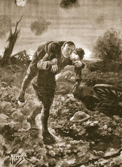Teniente temporal G. St. G. S. Cather trayendo a un hombre herido a plena vista del enemigo y bajo fuego de ametralladoras y artillería de Alfred Pearse