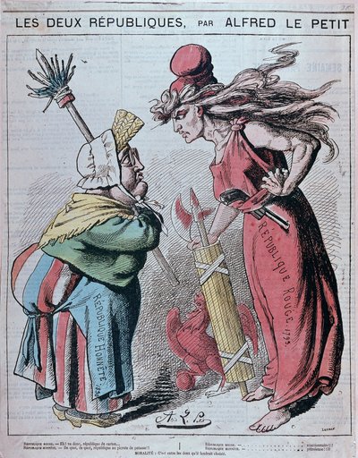 Caricatura sobre las dos Repúblicas, "Republique Honnete (1830) y Republique rouge (1793)" por Alfred Le Petitty en "Le Grelot" 1872 de Alfred Petit