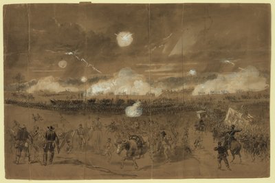 El Cuerpo de Couch formando línea de batalla en los campos de Chancellorsville para cubrir la retirada del Undécimo Cuerpo huyendo vergonzosamente Resumen/medio de Alfred R. Waud