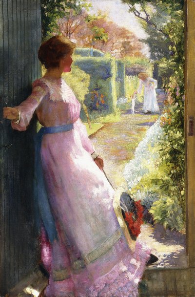La esposa del artista dando la bienvenida a su hermana, Hebe, para el té de Alfred Sangster