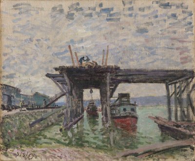 Alemán: Puente en construcción El Garaje Fluvial de Alfred Sisley