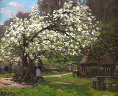 Primavera, campesina bajo los árboles en flor de Alfred Sisley