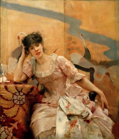 A. Stevens, joven mujer y biombo japonés de Alfred Emile Stevens