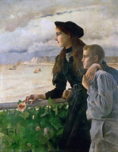 Hermano y hermana frente al mar en Honfleur de Alfred Emile Stevens