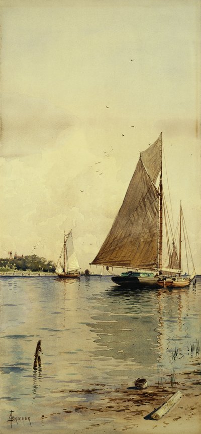 Secando las velas, barcos ostreros, Patchogue, Long Island de Alfred Thompson Bricher