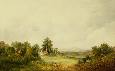 Ovejas junto a una iglesia en un paisaje boscoso de Alfred Vickers