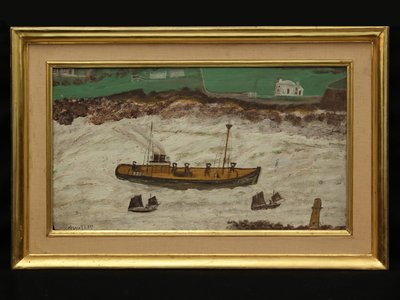 Tres barcos entre el faro y la costa, c.1930 de Alfred Wallis