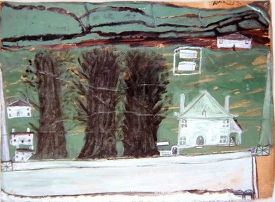 Tres árboles, casa blanca en un paisaje de Alfred Wallis