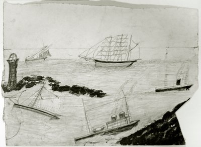 Tres Barcos de Vela, dos Barcos de Vapor y el Faro de Godrevy, c.1935-38 de Alfred Wallis