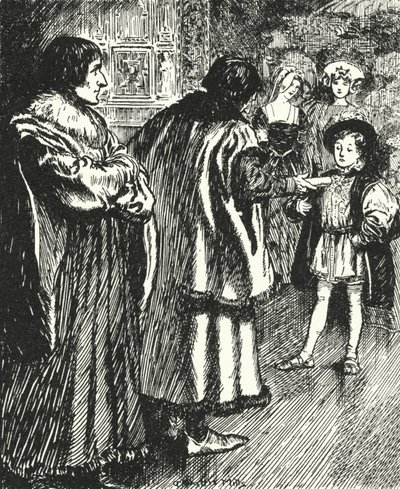Erasmo observando a Sir Thomas More presentando un poema que había escrito al joven príncipe Enrique, futuro rey Enrique VIII de Alfred Wallis Mills