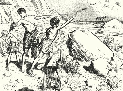 Aníbal y sus hermanos aprendiendo a lanzar piedras con una honda de Alfred Wallis Mills