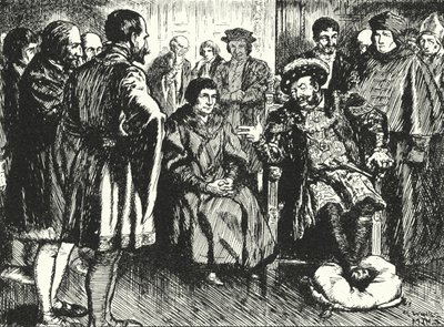 Sir Thomas More en la corte de Enrique VIII, resistiendo los intentos del rey de hacerle decir algo para divertirlo de Alfred Wallis Mills