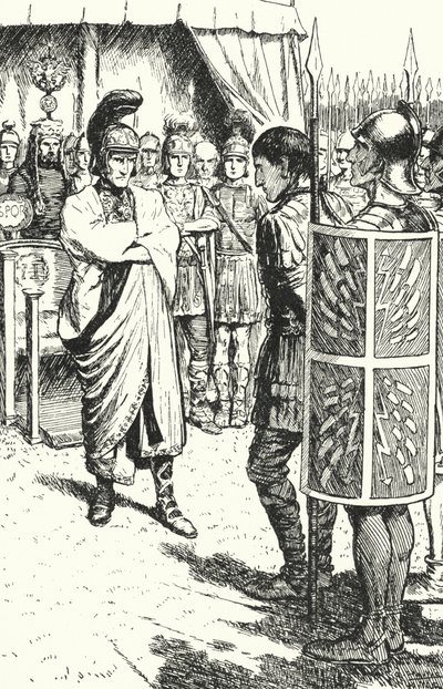 El emperador romano Teodosio el Grande condenando a Magnus Maximus a muerte por su participación en el asesinato de Graciano, 388 de Alfred Wallis Mills