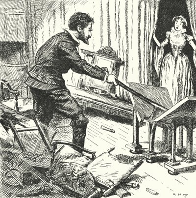 La esposa del alfarero francés Bernard Palissy mirando con horror mientras él destroza sus muebles para usarlos como combustible para sus hornos de Alfred Wallis Mills