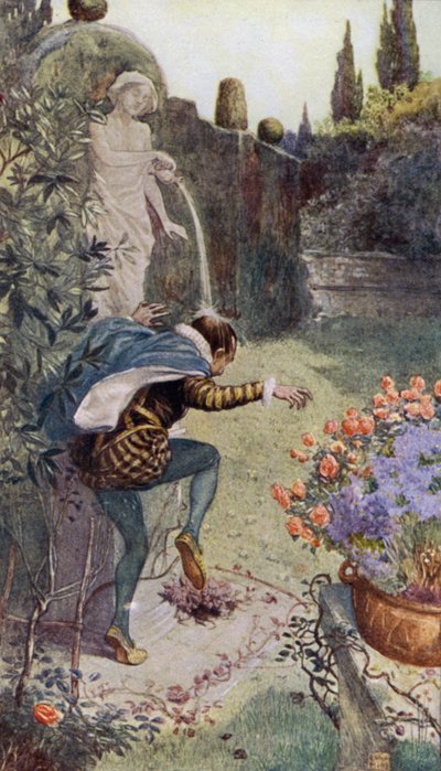 Agua de una jarra sostenida por una estatua en un jardín vertiéndose sobre la cabeza del alfarero francés Bernard Palissy de Alfred Wallis Mills