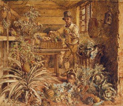 Un jardinero en un cobertizo de macetas con piñas y varios vegetales de Alfred William Hunt